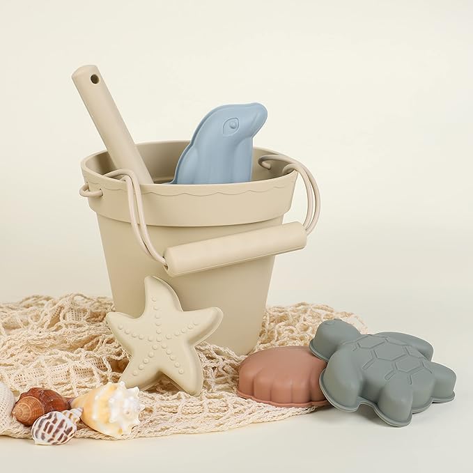 BLUE GINKGO Silicone Beach Toys - Modern Baby Travel Friendly Beach Set | Bucket, Shovel, 4 Sand Molds, Bag | Sand Toys for Toddlers, Kids - 7pc (Beige)