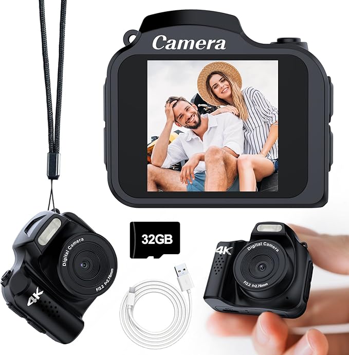 Keychain Camera, 4K 64MP Pocket Retro Nostalgia Video Camera for Teenagers, Children, and Photography with LED Light and 32G Micro SD Card (Black)