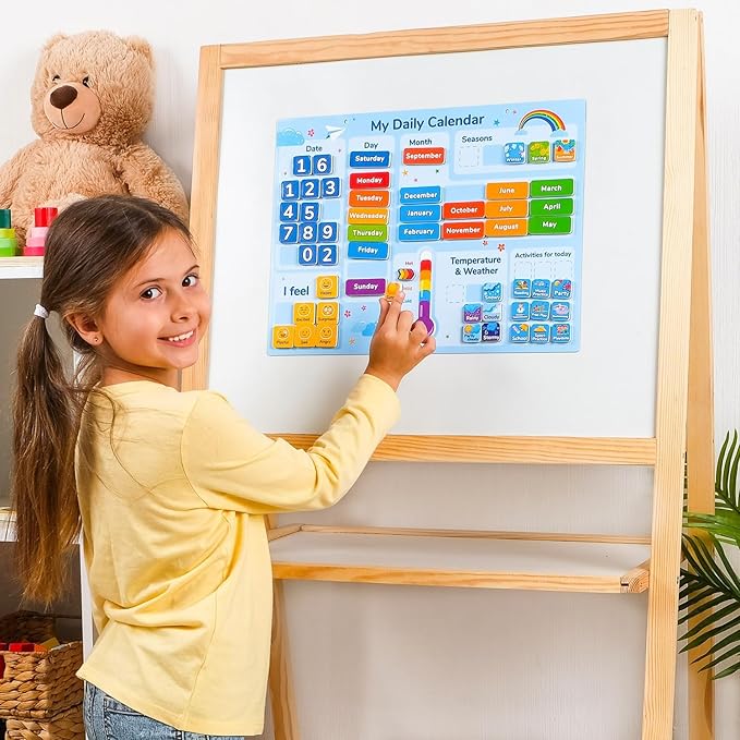 Simply magic 58 PCS Kids Calendar - My First Daily Magnetic Calendar with Weather and Feelings, Days of The Week, All About Today Board – Preschool Learning Chart for Wall or Fridge, Circle Time