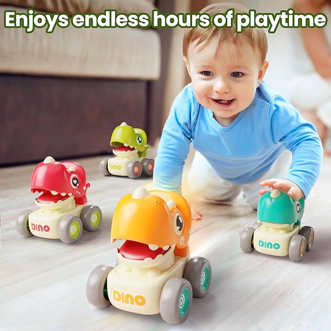 iPlay, iLearn Dinosaur Press Go Car Toys for Toddlers 1-3, Baby Dino Racing Cars, Infant Play Whistle Vehicle Set, Push Go Friction Car for 6-9-12-18 Month, 1-2 Years Old Boys 1st Birthday Gift - Dino