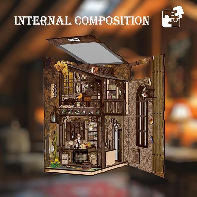 DIY Book Nook Kit 3D Puzzles for Adults Miniature House Kit Wooden Bookends Booknook Bookshelf Insert Decor with LED Lights Wood Crafts Gifts for Book Lovers - Serenity Coffee House
