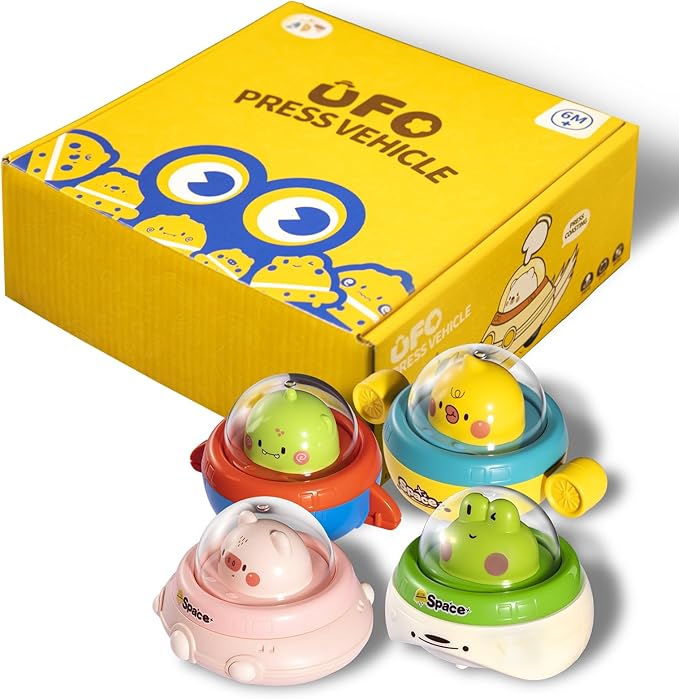 4PCS Animal Press to Go Car Toys for Toddlers 1-3, Push Go Friction Car Toys for 6-18 Months Baby, Animal Space Racing Cars, Infant Play Vehicle Set, Birthday Gifts for 1 Year Old Boy & Girl