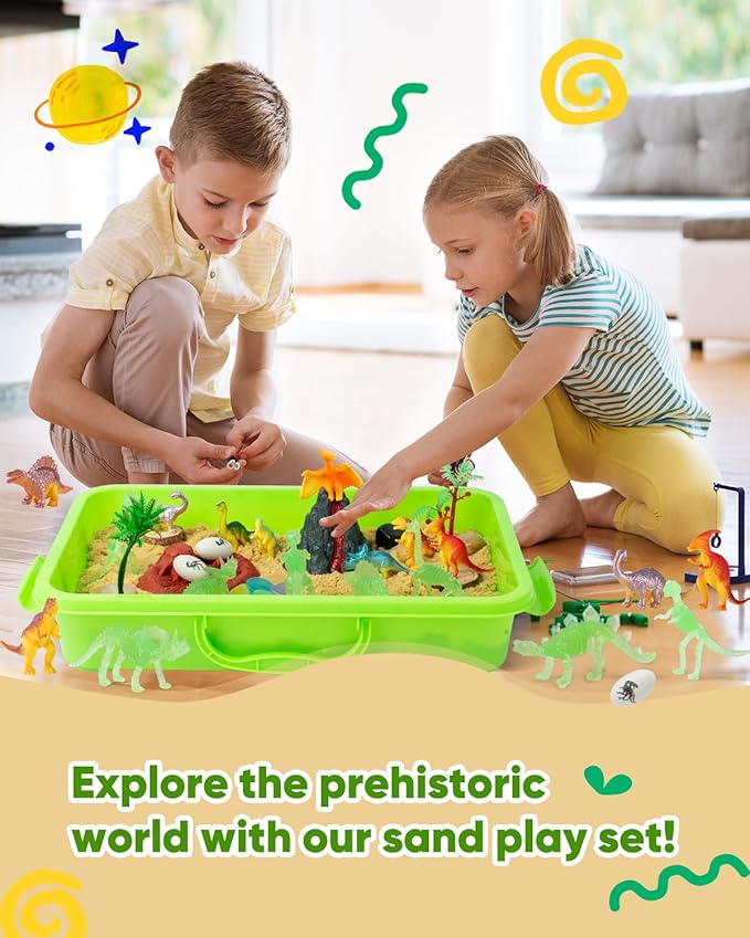 Dinosaur Sensory Bin Toy for Toddlers and Play Sand Set for Kids Include Glow in The Dark Dinosaur Ages 3-6+
