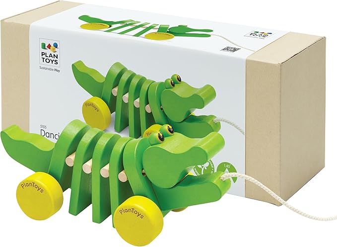 PlanToys® Dancing Alligator Pull Toy for Toddlers | Eco-Friendly Wood Toy with Click-Clack Sound | Walking Toy for Babies