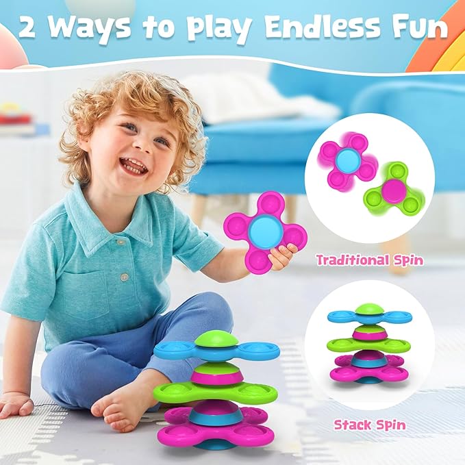 3PCS Silicone Suction Cup Spinner Toys for 1-2 Year Old Boys & Girls | Sensory Baby Bath Toys for Toddlers 12-18 Months | Birthday Gifts for Infants | Spinning Top Travel Toys