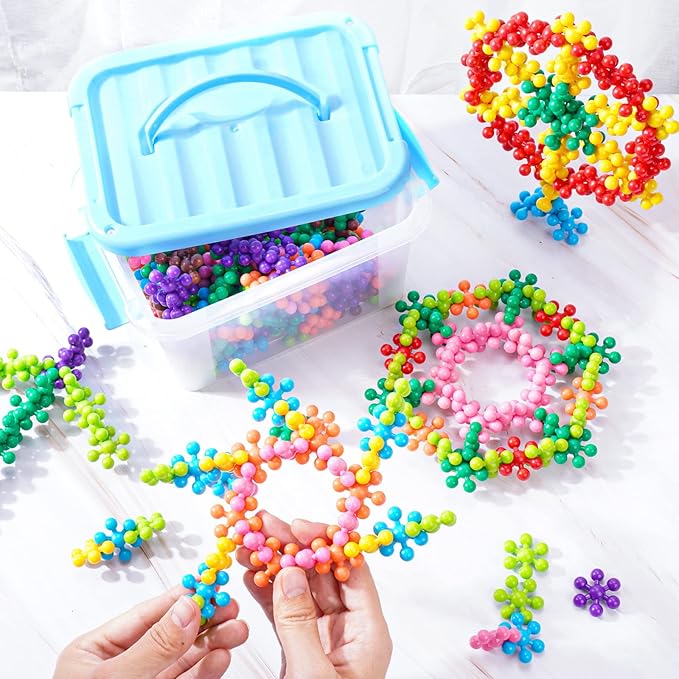 Snowflake Interlocking Building Block Educational Toy 300PCS for Kids Ages 3+, Multi-Color Solid Plastic Early Learning Creativity STEM Toy with Carrying Case Safe Material