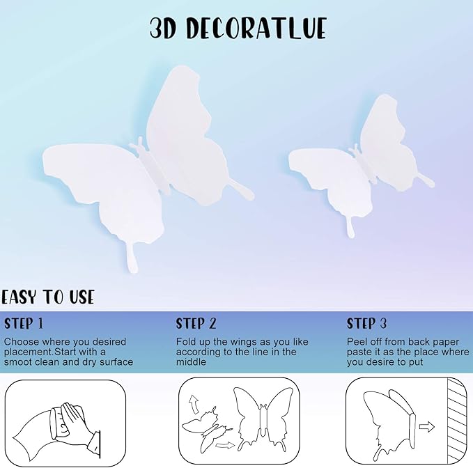 BBTO 48 Pieces Butterfly Wall Decor DIY Mirror 3D Butterfly Stickers Removable Decals for Home Bedroom School Bathroom Living Room Decor(White)