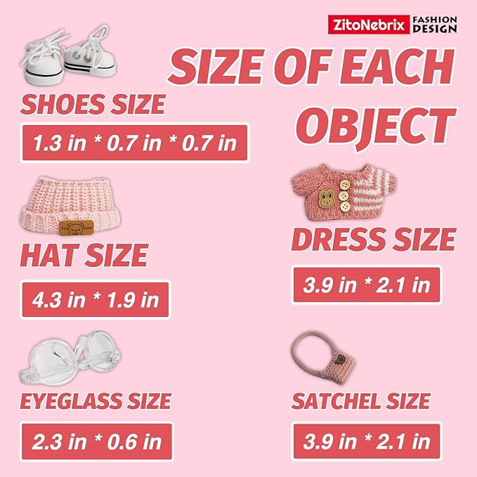 Cloth for 15cm ＆ 17cm Doll,5-Piece Handcrafted Crochet Outfit(NO Doll) - Pink Clothes + Bear- Velvet hat + Glasses + Shoulder Bag + White Shoes (Light Pink Clothes)
