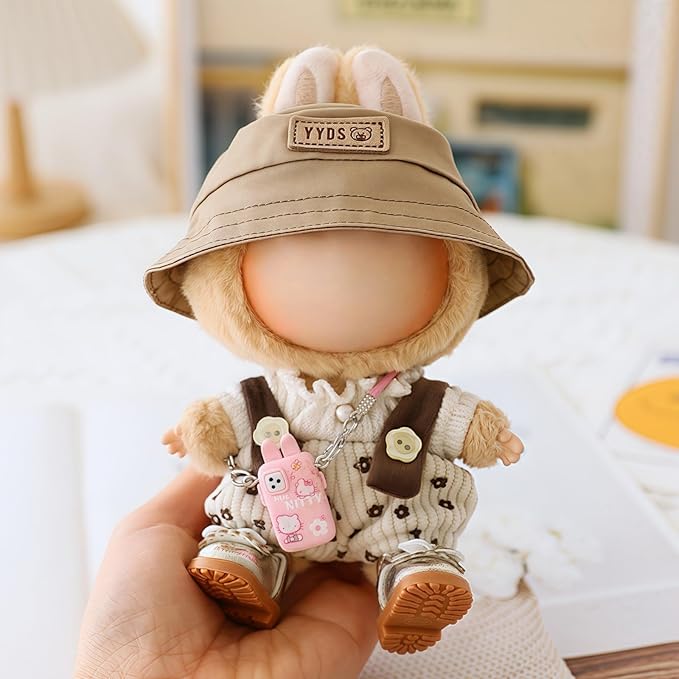 Clothes for Dolls Accessories (No Doll), Cute Outfit Set 5 Pieces Bib Pants for 15 & 17cm Doll Suit, Stylish Dress Up Overalls Doll Clothing Set Replacement with Hat Clothes Shoes Beige