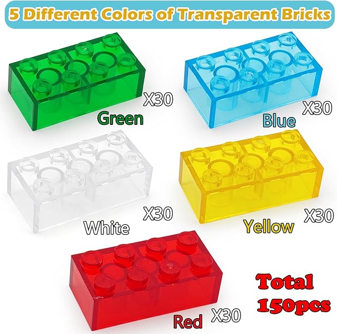 150 Pieces 2x4 Translucent Building Bricks -5 Colors Crystal-Clear Classic Block Toy Fully Compatible with Major Brands Educational Construction Toy for Boys Girls 6 Years Old and Up (Multicolor 150)