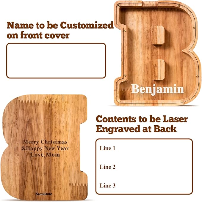 Summidate Customized Name Large Wooden Piggy Bank for Kids Boys Girls Alphabets Letter A-Z Coins Bills Money Change Bank Box Initial on Clear Cover (Laser Engraved) (Alphabet-B, Personalized-9")