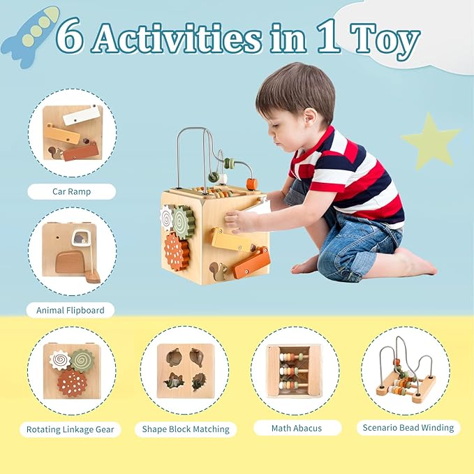 Wooden Activity Busy Cube Montessori Toys, 6-in-1 Activity Center Baby Bead Maze Toys, Sensory Shape Sorter Blocks, Toddler Boys Girls First Birthday Gift