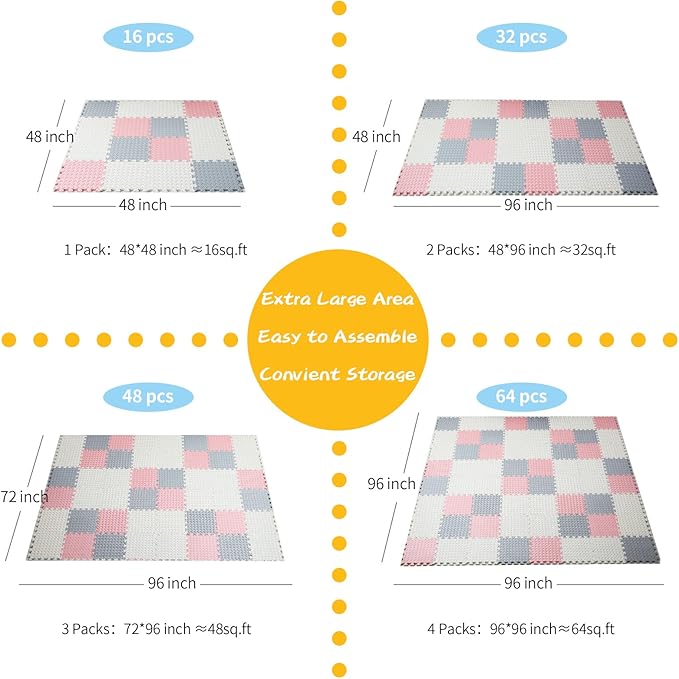 Foam Floor Mats for Kids, 12 x 12 Inch 16 Tiles 0.4" Thickness Foam Play Mat, Non-Toxic Square Interlocking Floor Mats Rubber Baby Play Mat for Toddlers(White/Gray/Lori Pink)