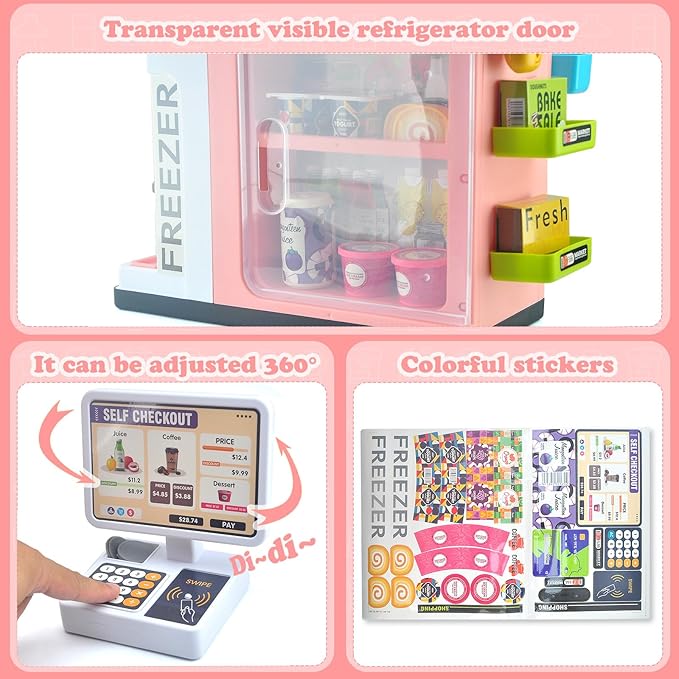 Pretend Play Cash Register Toy Set with Scanner, Play Money, Calculator, Coffee Machine and Play Food for Kids Ages 3+ (Pink)