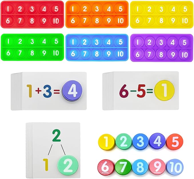 Math Flash Cards + Popper Fidget Board, Addition & Subtraction Times Table Chart, Counting Number Math Manipulatives Game, Educational Toy for Kindergarten Classroom Kids 1st 2nd 3rd
