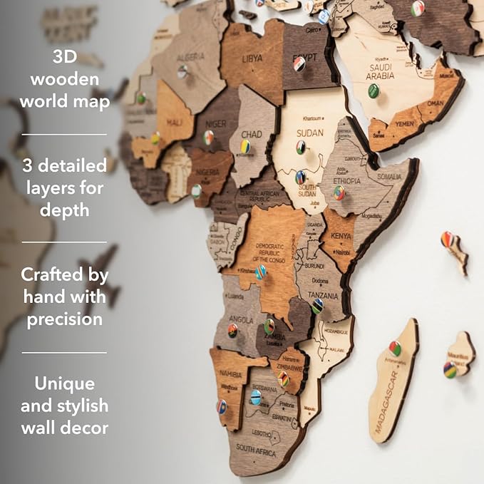 Enjoy The Wood 3D Wood World Map Wall Art Large Wood Wall Décor Housewarming Gift Idea Wall Art World Travel Map For Home & Kitchen or Office (Multicolored, M)