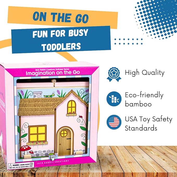 Suitcase Playset(Fairy House) by Jack Rabbit Creations-17 Piece Set-Portable Play Toys-Includes Fairies,Animals ,Gnome Bridge and Car-Made of Eco-Friendly Bamboo- Ages 3+ Years