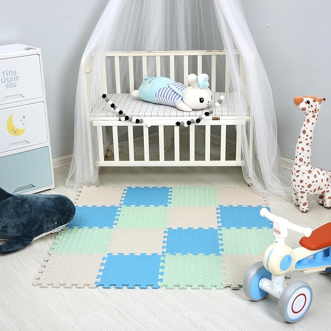 Foam Play Mat for Baby, EVA Soft Non-Toxic Playmat, Interlocking Floor Mats, Solid Colored Foam Puzzled Floor Mats, Baby Play Mat Exercise Mats, 16 Tiles(White/Green/Light Blue)