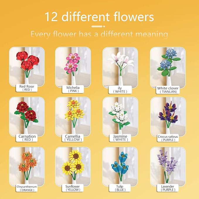 SIENON Flower Bouquet Building Blocks Set-1064PCS, 12 Kinds of Flowers Botanical Collection, Assorted Flowers Brick Toys Creative Project for Home Room Decoration Valentines’ Day Christmas Birthday