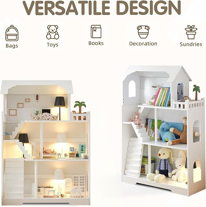 Wooden Dollhouse Bookshelf - Toddler Doll House Bookcase, Extra Space Kids Toy Storage Book Shelf, 3-Tier Children Dollhouse, Pretend Play Toy House, Gift for Girls & Boys Ages 3+