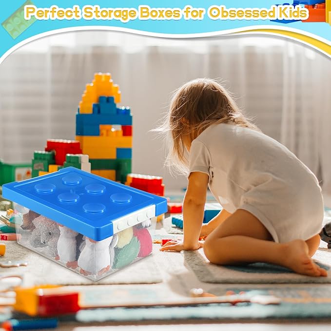 Vicenpal 4 Pack Toy Storage Containers with Lids Brick Shaped Kids Toy Organizer Box Plastic Clear Stackable Bin Chest for Building Block Dolls(Large, X-Large,Red, Yellow, Blue, Green)