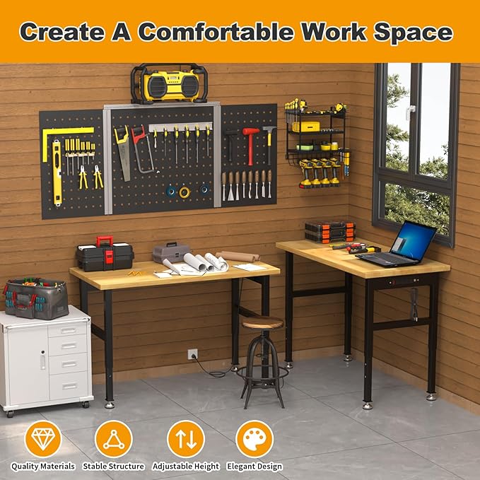 48" Adjustable Workbench for Garage, Solid Wood Top Work Bench for Garage, 2000 LBS Heavy-Duty Worktable with Power Outlets, Portable Work Station for Repair Shop, Workshop, Office