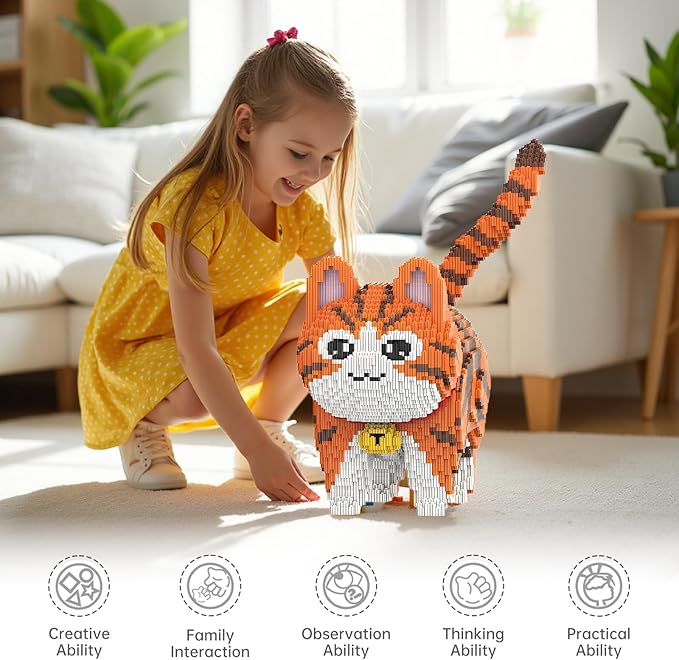 Animal Orange Striped Bell Cat Micro Mini Building Blocks Sets Large Cute Cat Building Kits Model Toys Gift for Adults Kids Teens 6665 PCS