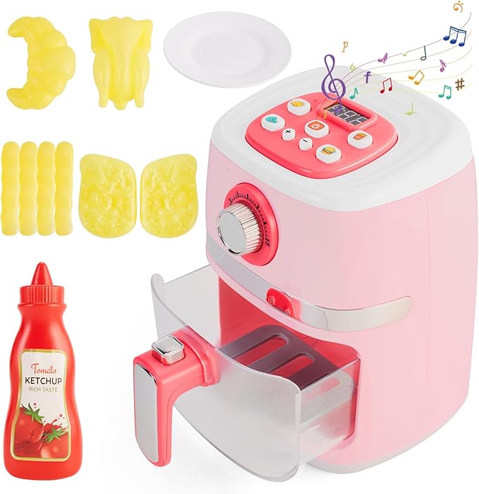 Play Kitchen Accessories, Pretend Kitchen Appliances Set with Toy Air Fryer for Kids with Sound and Lighting, Color-Changing Play Food, Birthday Gift for Boys and Girls Ages 3-5 4-8,Pink