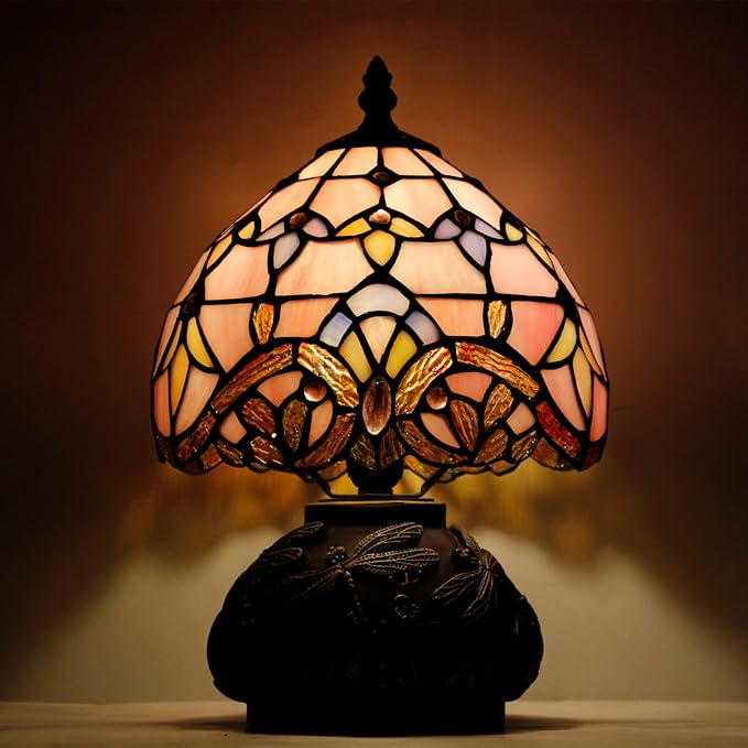 WERFACTORY Small Tiffany Lamp Desk Pink Stained Glass Baroque Mushroom Table Lamp Bronze Mini Accent Lamp W8H11 Inch S003P Series
