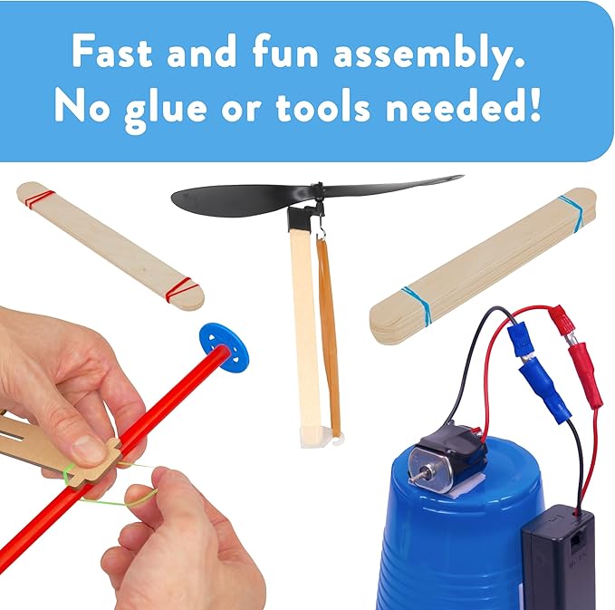 STEM Kit 4-Pack – Rubber Band Helicopter, Motorized Scribble Bot, Catapult, Propeller Car – STEM Kit for Kids Ages 8-12, Homeschool, Classroom Projects