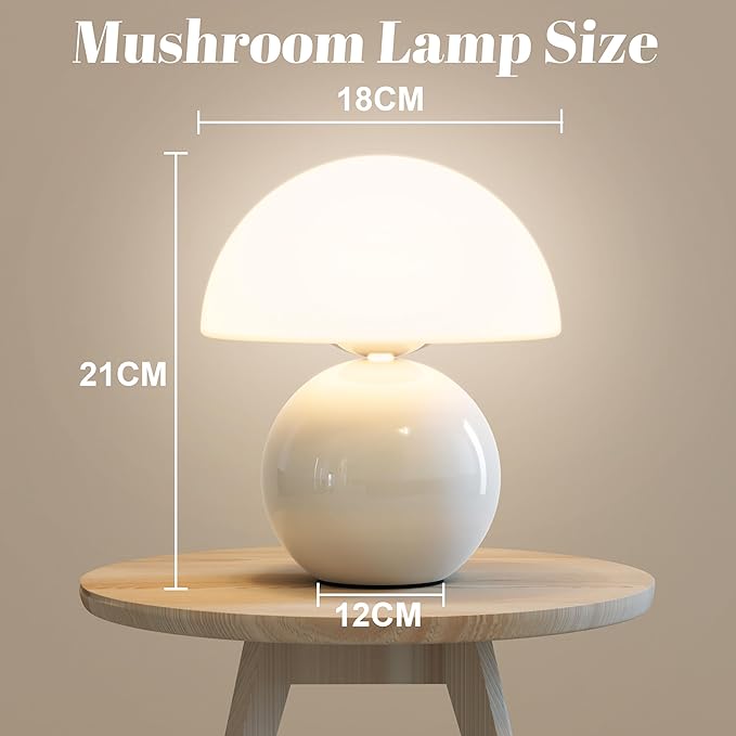 NATSUKASHI Mushroom Lamp for Bedroom - White Ceramic Mushroom Table Lamp with Remote, Dimmer & Cord Clip - Mid Century Modern Aesthetic Desk Lamp for Nightstand, Living Room, Gift Decor