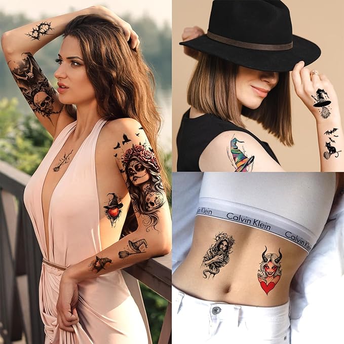 77 Sheets Halloween Temporary Tattoos Adults Women Men Witch Makeup, Death Skull Black Cats Witch Hats Half Arm Halloween Fake Tattoos, Bat Scary Tattoos for Halloween Costume