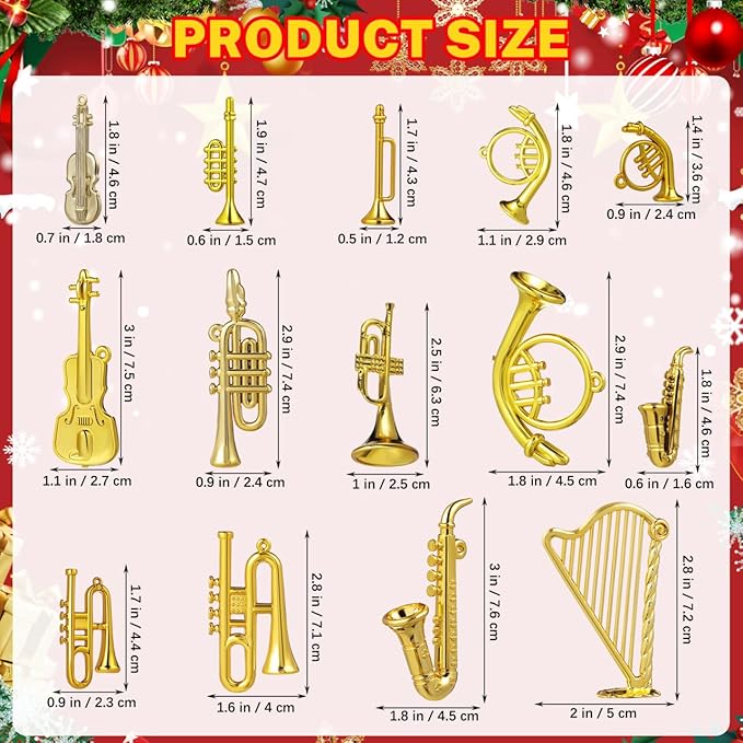VICASKY 14pcs Mini Musical Instruments Charms Set Christmas Tree Ornaments with Tiny Guitar Trumpet Saxophone Elements Pendants for Dollhouse Accessories Holiday Decorations