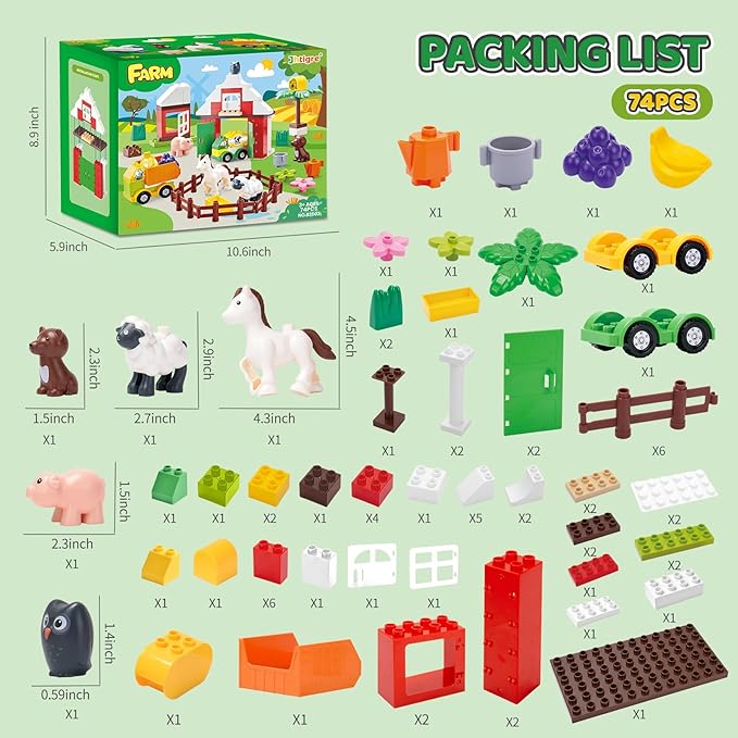 Building Blocks for Toddlers 1-3-5, Farm DIY Big Classic Building Bricks Toys Set for Kids Ages 2-4-5-8 With Barn, Animals, Truck, Compatible With All Major Brands, Gift Toy for 3-5 Boys Girls 74 Pcs