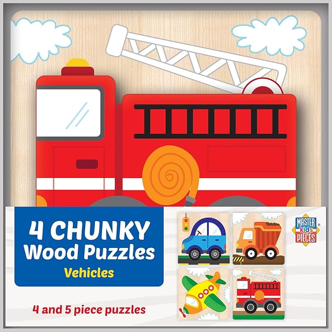 Vehicles Chunky Wood Puzzles 4 Pack - Jigsaw Puzzle with Vibrant Artwork and Durable Pieces - Fun Family Activity, Brain Challenge, and Educational Entertainment for Kids, Teens, and Adults