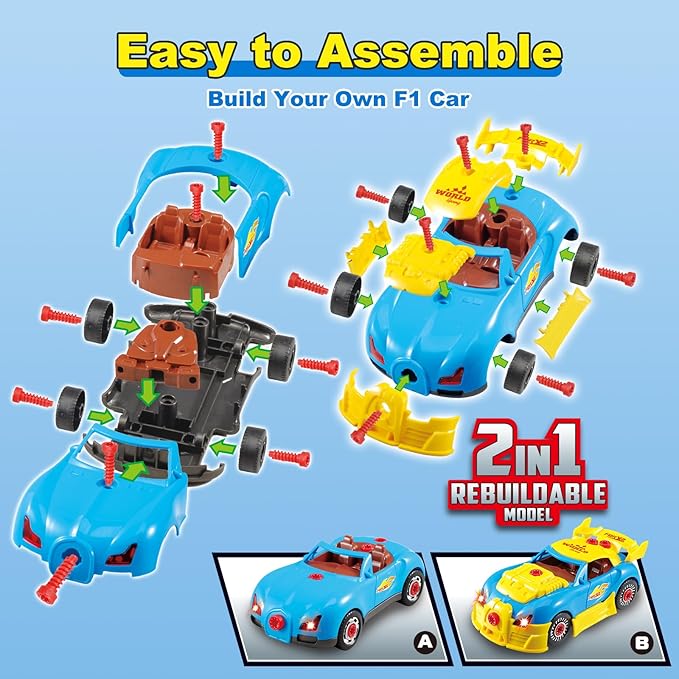 Construction Toys for Boys Age 3-8, Take Apart Toy Car Racing, 30 Pieces Building Toys with Electric Drill, Build Your Own Car with Realistic Sounds & Lights, STEM Gifts Kids (4 Spare Screws)
