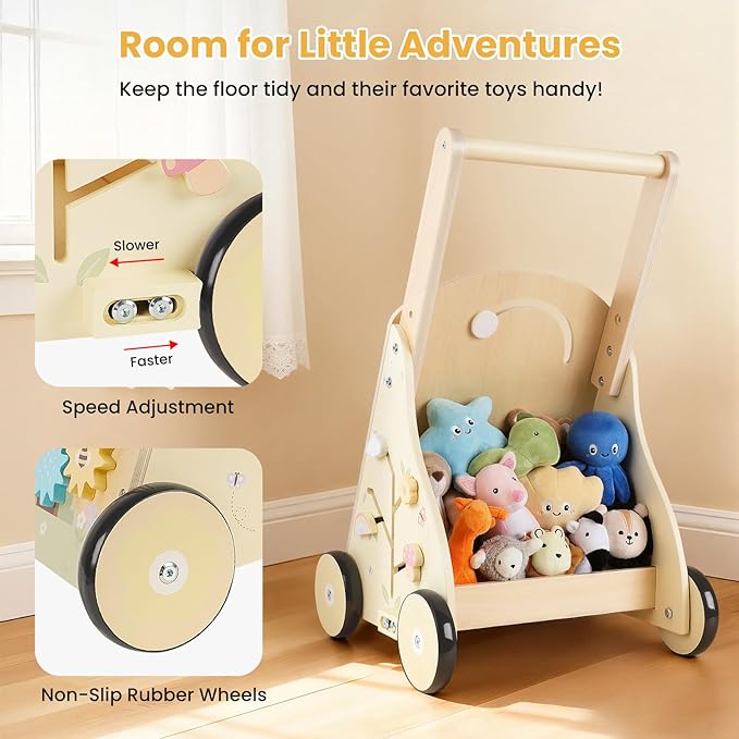 Wooden Baby Walker for 12 Months+, Montessori Push Walker for Babies Learning to Walk, Walker Toy Activity Center Adjustable Speed & Height, Wood Push Toy for Boys Girls 1st Birthday Gifts