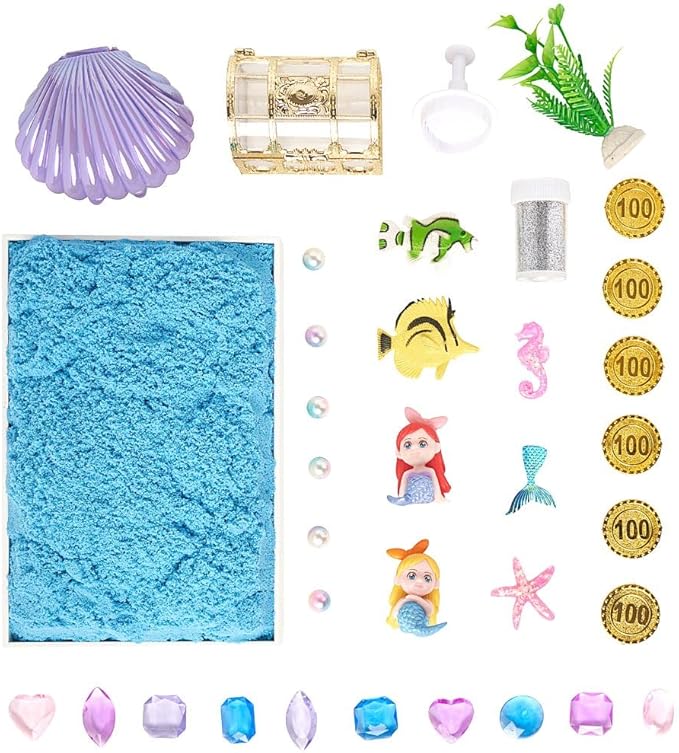 Premium 38 PCS Mermaid Sensory Sand Bin with 2 lb Magic Sand,Seashell Stamp, Sensory Bin & Treasure Accessories – Perfect for Creative Play and Learning, Ideal Gift