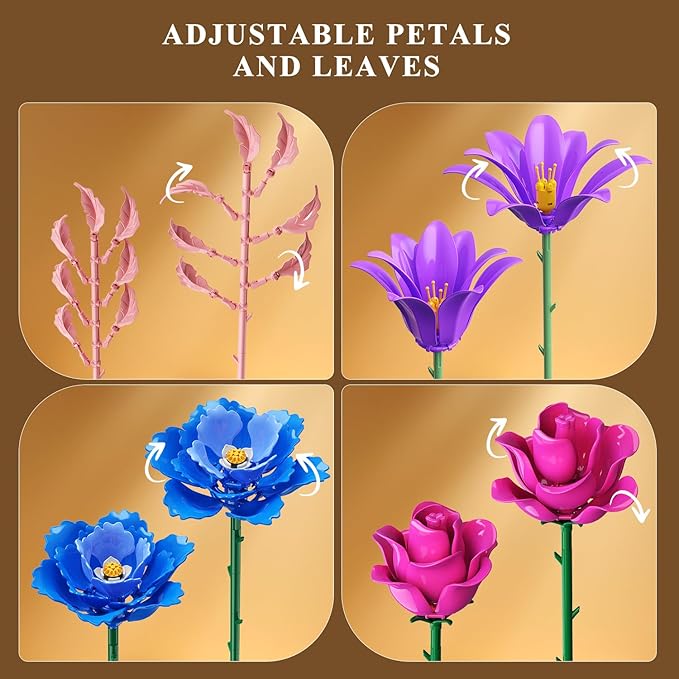 Flowers Bouquet Building Set with LED Light, 21 Flower Botanical Collection Building Block Toy, Rose Lily Plants Home Office Decor 1054PCS, for Her Adults Women Kids Girls 12+ (Purple)