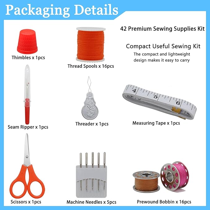 Sewing Kit, 42 Premium Sewing Supplies Portable Sewing Supplies Accessories Contains Thread, Needle, Scissors, Measure Tape, for Mom Grandma Friend Adults Beginner Kids Traveler