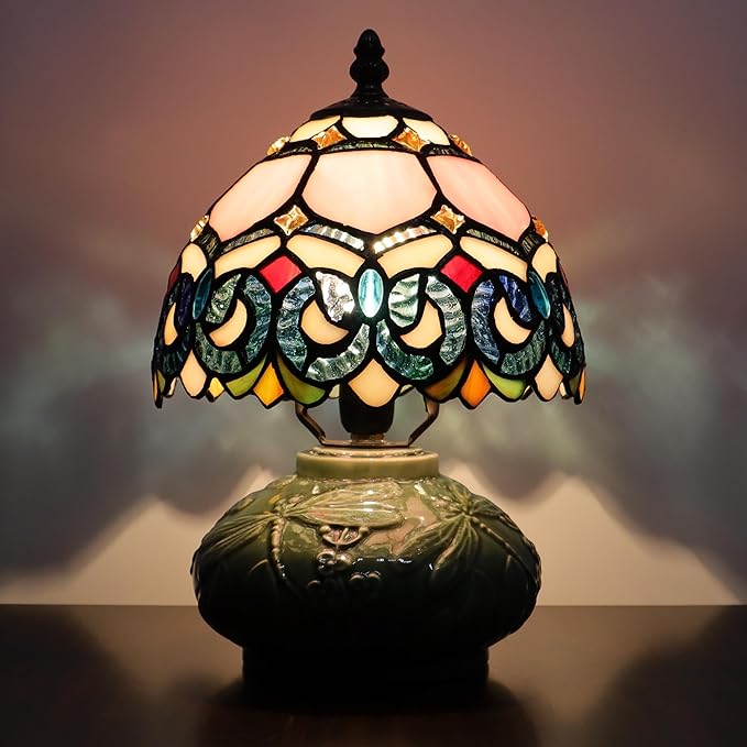 Small Tiffany Lamp Mushroom Table Lamp, Mini Stained Glass Desk Light Memory Sympathy Ceramic lamp 8X11 Inch (Pink Baroque Style)