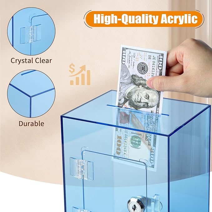 Hicocool Clear Piggy Bank with Lock, Acrylic Piggy Bank for Adults Kids Openable, Reusable Money Saving Box with Key for Birthday (Blue)