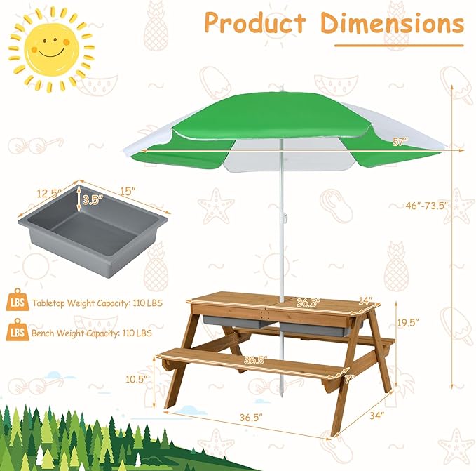 HONEY JOY Kids Picnic Table, 4 in 1 Cedar Wooden Sand & Water Table w/ 2 Removable Box & Umbrella, Kids Picnic Tables for Outdoors Backyard Garden, Toddler Patio Furniture Set for Boys Girls(Natural)