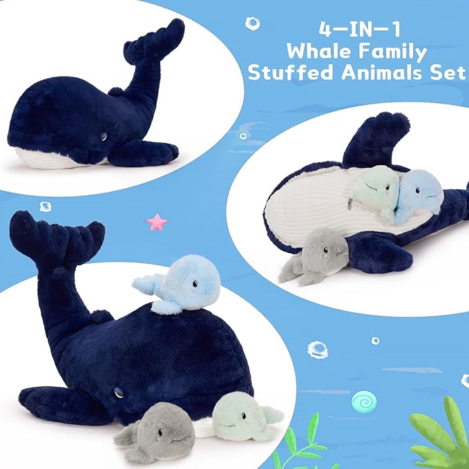 MaoGoLan Blue Whale Plush Toy Stuffed Animals Bulk for Kids, 20 Inch Giant Stuffed Whale Mommy with 3 Babies Inside - Under The Sea Party Favors Christmas Valentine's Day Birthday Gift
