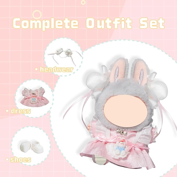 3-Piece Clothes for 17cm/15cm Doll, Cute Outfit Set with Headwear, Dress, Shoes, Stylish Adorable Dolls Accessories for Display & Dress-Up (No Doll)