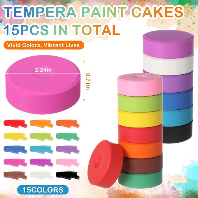 Nuanchu 15 Pcs Tempera Paint Cakes 15 Colors Tempera Paint Washable Art Supplies for Painting Drawing Crafts Activities