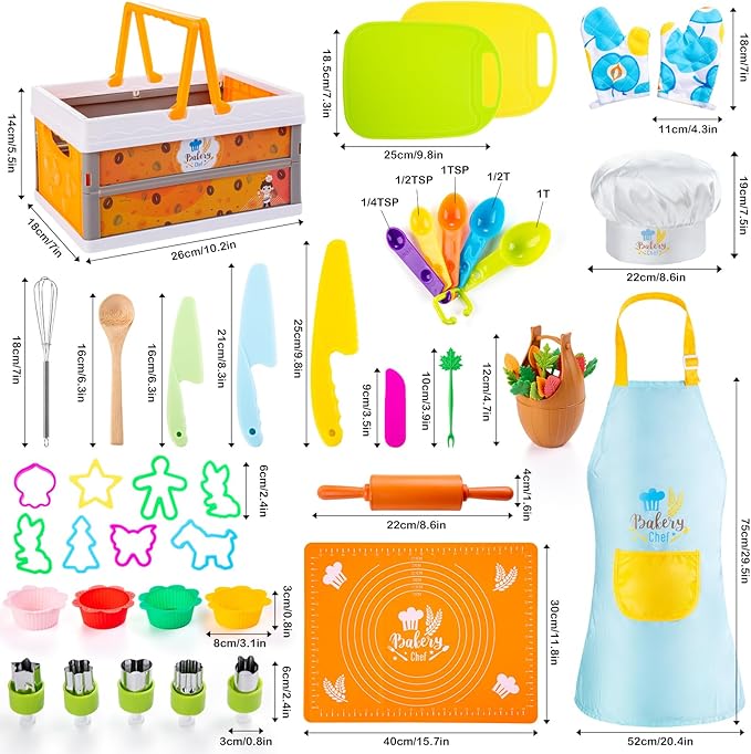 52 PCS Kids Cooking Sets, Montessori Pretend Play Kitchen Toys for Real Cooking Baking, Toddler Knife Set with Chef Hat & Apron, Kids Baking Set for Boys Girls Christmas Birthday Gift