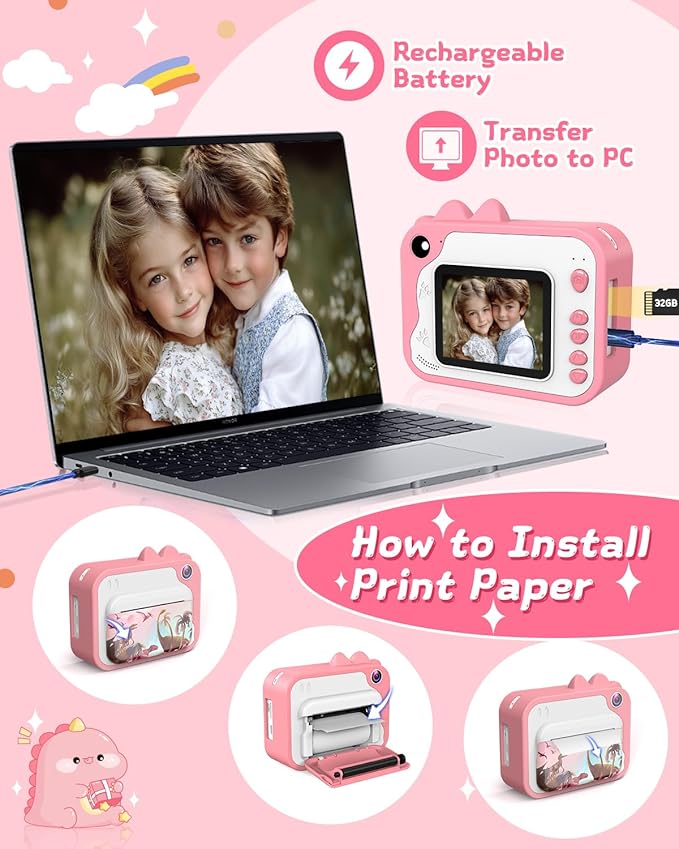 Kids Camera Instant Print, Dinosaur Instant Print Camera for Kids with 1080P Video, 32GB SD Card, 240 Photos, Christmas Birthday Gifts for Boys Girls Ages 3-12 (Pink)