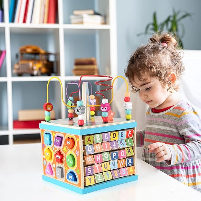 Qilay Wooden Activity Cube for Toddlers 1-3 (Large), 5 in 1 Multipurpose ABC-123 Abacus Bead Maze Shape Sorter | Early Educational Toy for Toddlers - First Birthday Present for Boys Girls