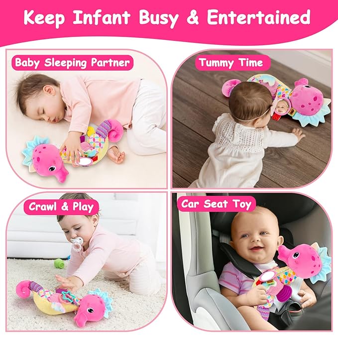 Baby Sensory Toys 0-6 3-6 Months Musical Stuffed Animal Plush Pink Seahorse for Infant 6-12 Month Tummy Time with Baby Mirror Newborn Crinkle Developmental Toy Girls Boys Birthday Gifts 0-3 4 5 Month